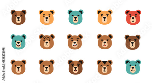 A collection of cute cartoon bear faces in a grid, showing various emotions and expressions with different colors and minimal flat design style.