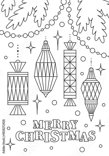 Coloring page for kids, Christmas card with decorations and sweets. Useful leisure time for children. Worksheet for practicing motor skills.