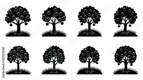 A collection of fruit trees in a repeating pattern black silhouette
