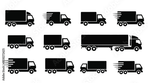 Various delivery truck icons in a black and white arrangement silhouette