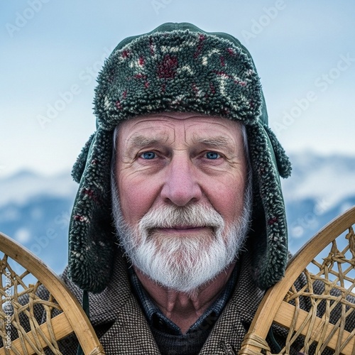 Closeup portrait of an elderly man with a white beard wearing a fur trapper hat and holding snowshoes outdoors