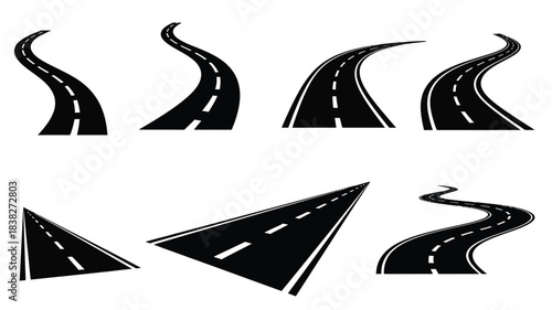 Curving road designs and pathways a minimalist black shape silhouette