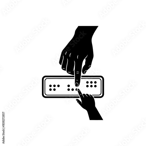 Adult guiding child hand on braille plaque vector illustration