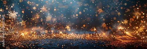 Panoramic Bokeh Lights Background with Golden Snowflakes and Sparkles