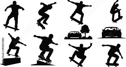 Skateboarder silhouette collection, extreme trick poses with ramps, dynamic street skating movements, action sports illustrations for posters, urban vector design set