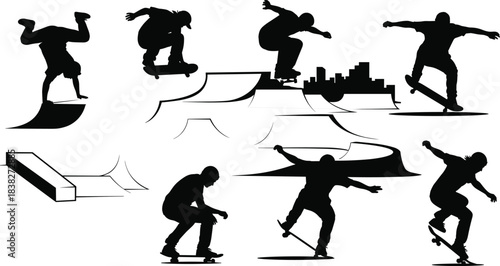 Skateboarder silhouette collection, extreme trick poses on ramps and rails, urban skatepark action illustrations for sports design, freestyle vector set