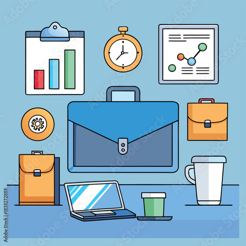 Business office supplies and briefcase vector set
