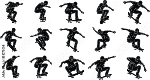Skateboarder silhouette collection, extreme trick poses, dynamic skating movements for urban sport design, action illustrations, street culture vector set