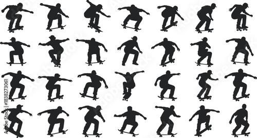 Skateboarder silhouette collection, extreme trick poses, dynamic urban skating movements for action sports design, freestyle illustrations, street culture vector set