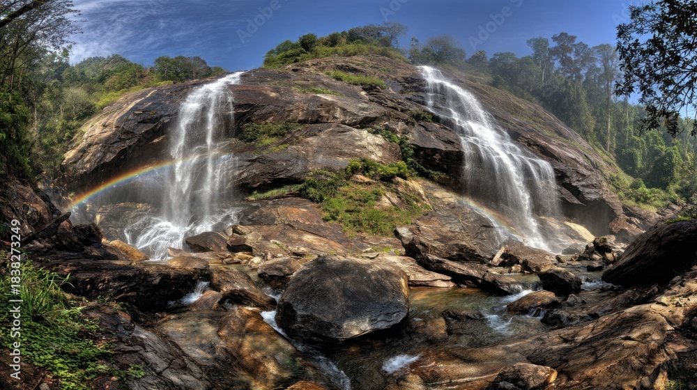 Fototapeta premium Majestic Waterfall Flowing Over Rocky Cliff Surrounded by Green Forest Under Blue Sky