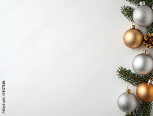 Christmas ornament gold silver ball pine branch pinecone decorate festive background joyful holiday
