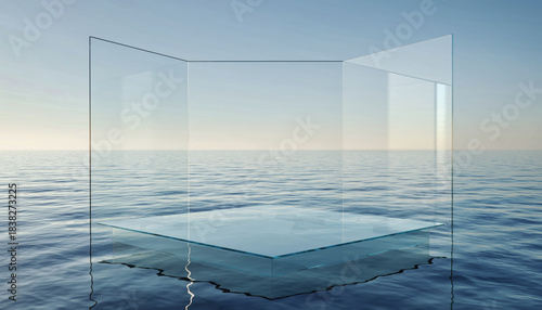 Glass lectern on ocean surface creates serene concept of purity. This modern, mirror like background offers tranquil and minimalist stage for peaceful display