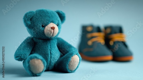 Wallpaper Mural Soft teddy bear sits in front of colorful baby shoes on blue background Torontodigital.ca