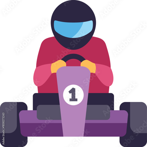 Kart driver racing in a go kart wearing helmet and gloves, holding steering wheel, driving fast on track