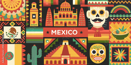 A vibrant collage showcasing iconic symbols of mexican culture and heritage