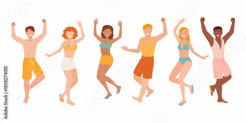 Diverse group of people joyfully dancing and celebrating summer with excitement