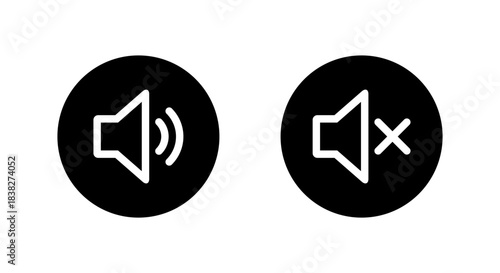Speaker volume outline icon in black circle. Sound and mute audio symbol. Loud and silent sign