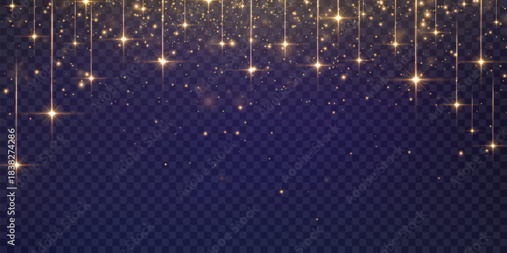 Fototapeta premium Vector magical stars and dusty light. Flying particles of light. Christmas light effect. Sparkling particles of fairy dust glow in transparent background. Vector illustration isolated on png.