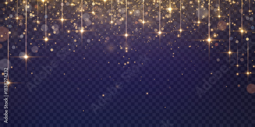 Vector magical stars and dusty light. Flying particles of light. Christmas light effect. Sparkling particles of fairy dust glow in transparent background. Vector illustration isolated on png.