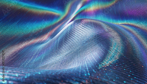 Iridescent textile surface with radiant lines and neon fabric texture. futuristic and mesmerizing abstract background showing tech advanced material with flowing holographic light