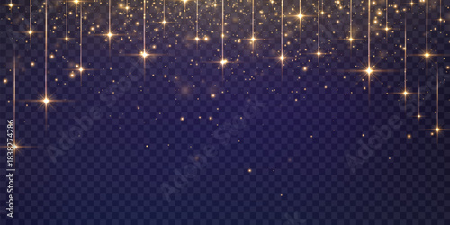 Vector magical stars and dusty light. Flying particles of light. Christmas light effect. Sparkling particles of fairy dust glow in transparent background. Vector illustration isolated on png.