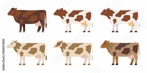 A collection of cartoon cows in various brown and white colorations