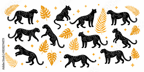 Stylized pattern featuring silhouettes of black panthers and tropical foliage