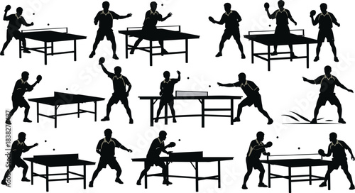 Table tennis silhouette collection, dynamic ping pong player poses, competitive match movements for sports design, coaching materials, action illustration vector set
