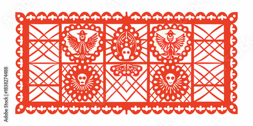 Intricate red papel picado banner with skulls birds and floral designs