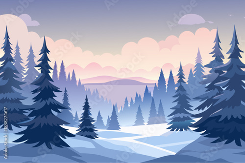 Snowy pine forest landscape at sunset with mountains and soft pastel sky in flat vector illustration