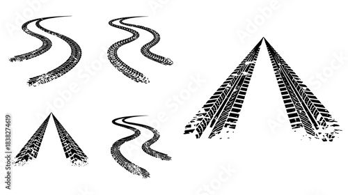 Racing tire mark vector set with curved skid designs, dynamic road textures, and drifting track patterns