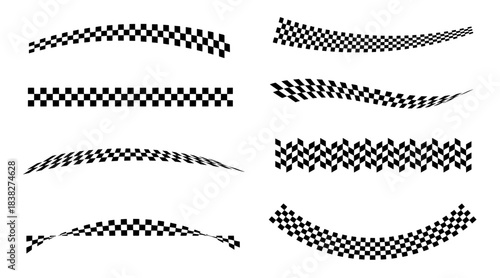 Curved checkered stripe vector set with flowing wave designs, dynamic racing graphics, and speed line patterns