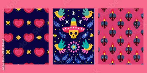 Colorful day of the dead patterns with hearts birds and candlelight