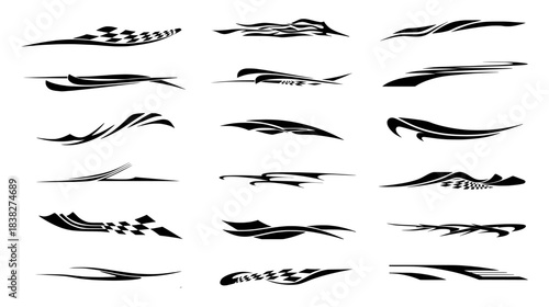 Racing swoosh vector set with aerodynamic stripe designs, flowing speed graphics, and dynamic motion elements