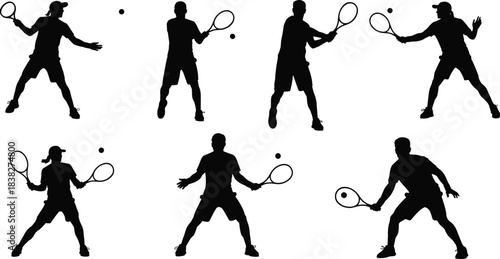 Tennis player silhouette collection, dynamic forehand and backhand poses, action sport movements for coaching materials, posters, fitness design vector set