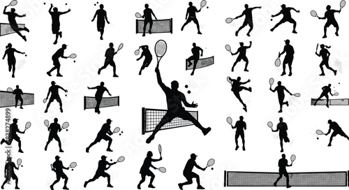 Tennis player silhouette collection, dynamic forehand and serve poses with nets, action sport illustrations for coaching, fitness, training, competition vector set