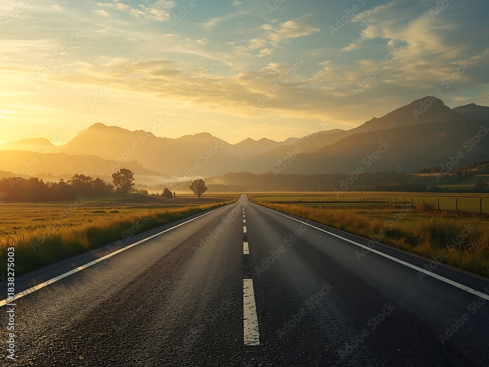 Fototapeta premium Open road leading towards majestic mountains at sunset
