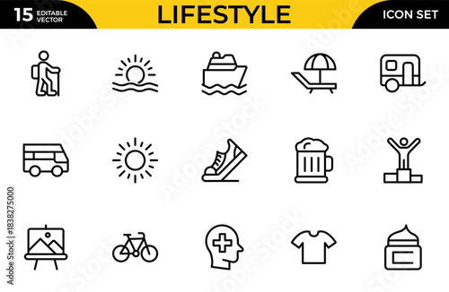 Lifestyle line icon set. Containing healthy lifestyle, diet, exercise, sleep, relationships, running, routine, self-care, culture and hobbies icons. Thin outline icons pack. Vector illustration