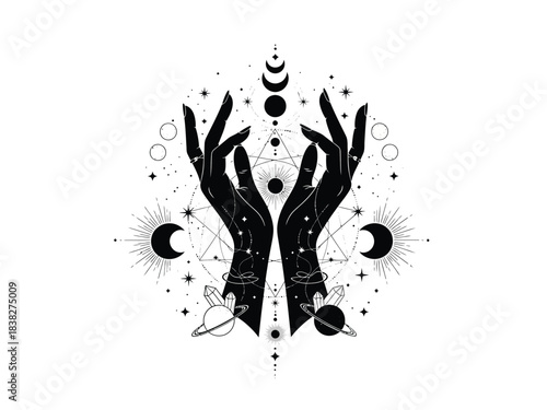 Mystical hands reach towards celestial bodies, stars, and geometric patterns.