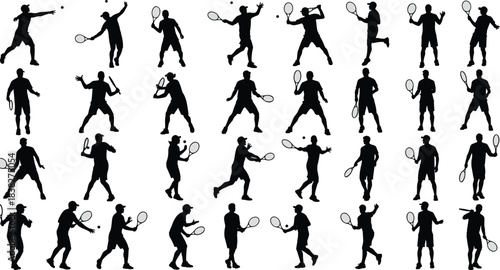 Tennis player silhouette collection, dynamic racket sport poses with ball interaction, action movement illustrations for coaching, training, competition, fitness vector set