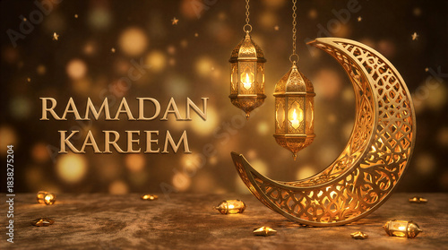 Happy ramadan kareem golden crescent moon with intricate pattern background