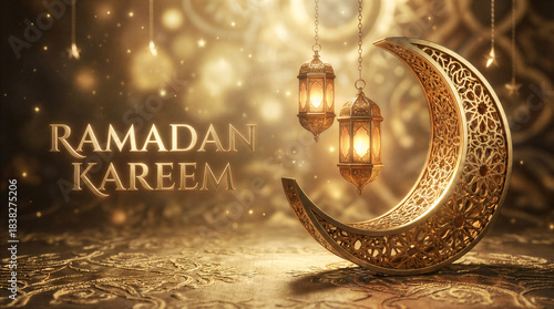 Golden crescent moon with intricate patterns for Ramadan themed design 