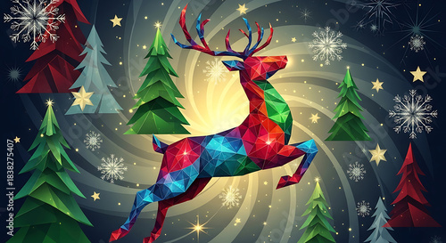 A vibrant and colorful reindeer leaps through a magical winter forest, surrounded by stylized christmas trees and sparkling snowflakes, creating a whimsical and festive holiday scene filled with light