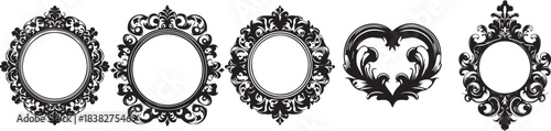 set of vintage frame, hand drawn line vintage border, classic gallery empty decor vector baroque art. Ornamental decoration design elements, round, heart, oval shapes, swirl arch. Picture frame icon