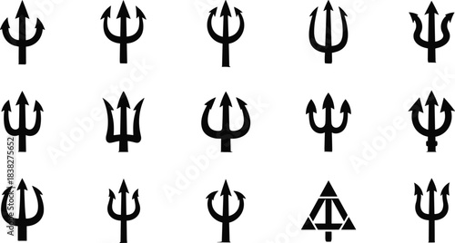 Trident symbol silhouette collection, three-pronged spear icons for mythology, fantasy graphics, Neptune Poseidon themes, emblem design elements, vector set
