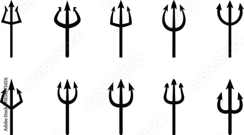 Trident silhouette collection, simple three-prong spear icons, mythological weapon symbols for fantasy themes, branding, Heraldry, Neptune Poseidon vector set
