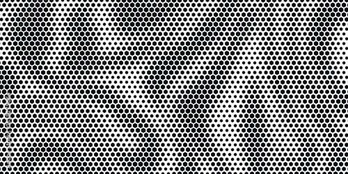 Hexagon halftone gradient texture. Abstract black grunge background. Geometric retro halftone tech wallpaper. Fading wavy hexagonal pattern backdrop. Vector vanishing honeycomb grunge bitmap overlay
