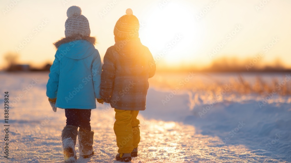 Obraz premium Children walk together on a snowy path during sunset in a winter landscape