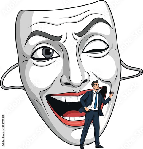 A small businessman performs confidently in front of a giant winking theater mask
