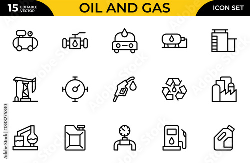 Oil and Gas outline icon set. Containing fuel, refinery, petroleum, oil well, gas pump, offshore platform, lubricant, oil barrels and more. Thin outline icons pack. Vector illustration